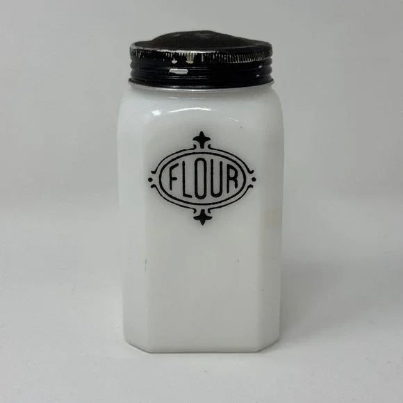 Vintage Hazel Atlas Milk Glass Flour Shaker Black Art Deco Label Metal Lid