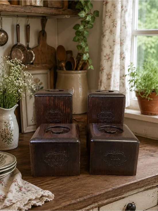 VINTAGE 60’s 70’s MCM Flour Sugar Tea Coffee Square Wooden Canister Set