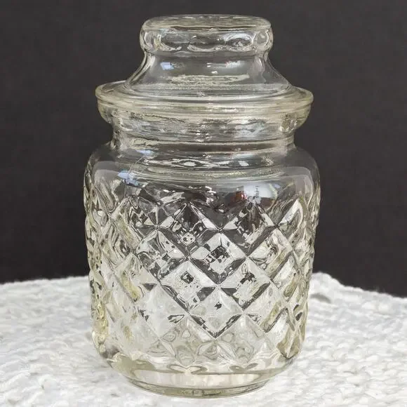 ANCHOR HOCKING Vintage Clear Pressed Glass Lidded Diamond Pattern Apothecary Jar