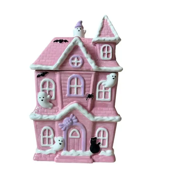 Pink Halloween HAUNTED HOUSE Cookie Jar by Booville Ceramic Spooky Boo New
