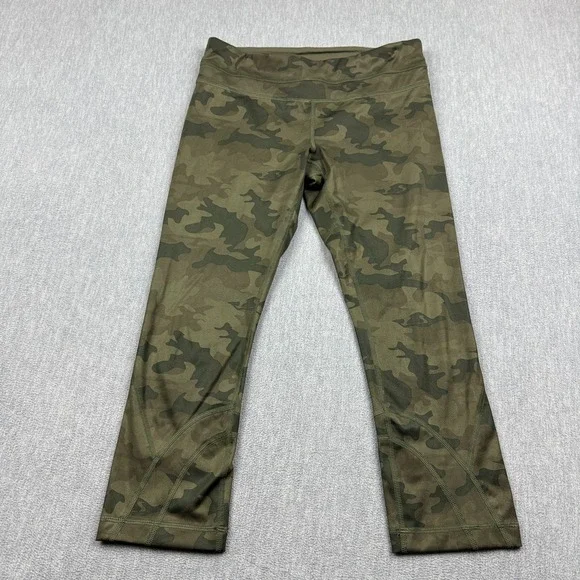 Lululemon Leggings Women 6 Green Camouflage Wide Waistband Crop Pockets Athletic