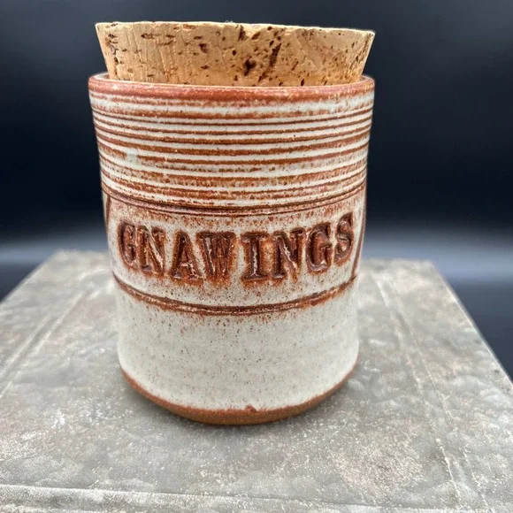Pottery Gnawings Canister Signed Artisan Stoneware Jar with Cork Lid 5.5in