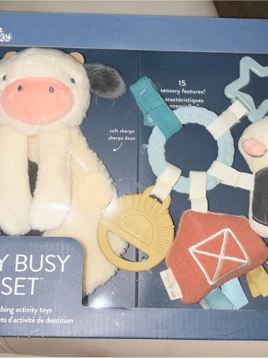 Plush Cow Sensory Activity Toy Set - Cream, Pink, Blue