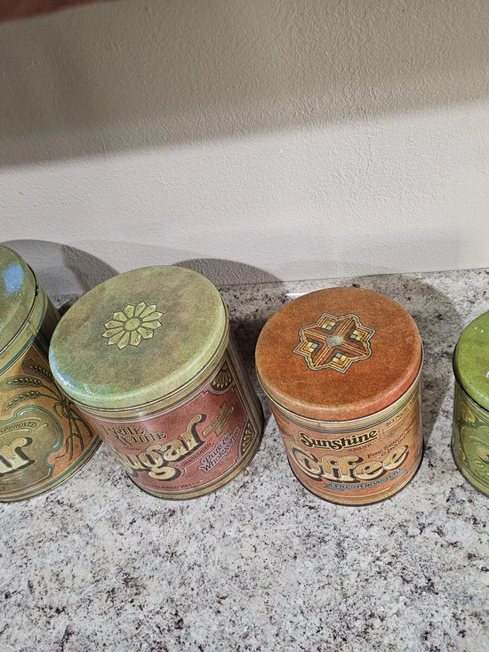 Vintage 4 Piece Ballonoff Tins Flour, Sugar, Coffee,Tea Storage Tins