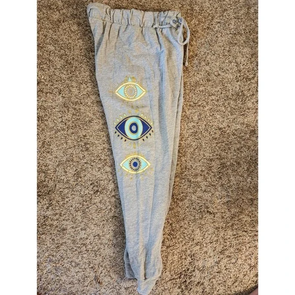 Evil Eye Graphic‎ Jogger Sweatpants Gray Blue Gold Spiritual Small USA Made
