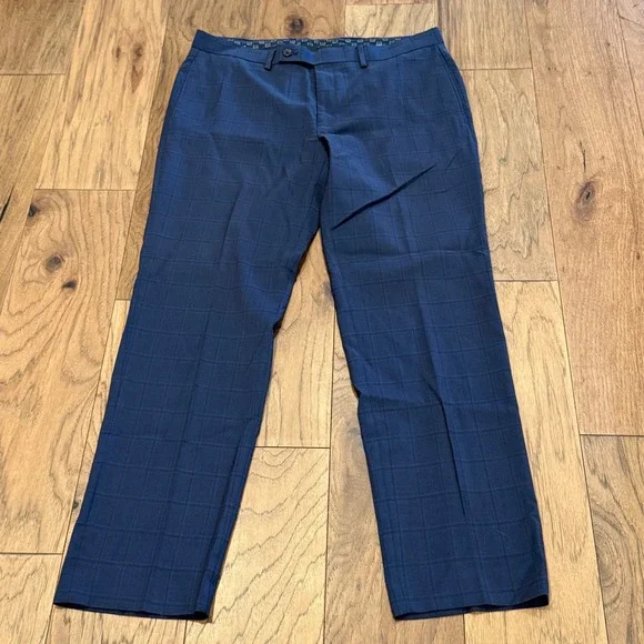 Lauren Ralph Lauren Mens Navy Blue Windowpane Check Dress‎ Pants 34W 30L Stretch
