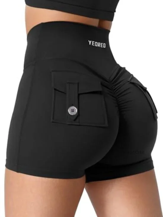 High Waisted Cross Waist Scrunch Biker Shorts with Pockets
