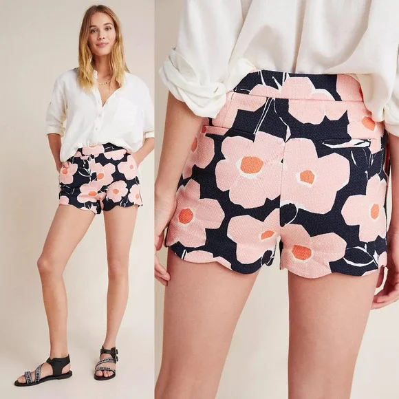 Anthropologie Georgie Scalloped Shorts Navy‎ Pink Floral High Rise Size 10