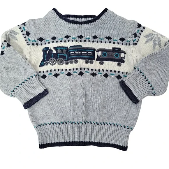 Gymboree Dressed Up Boys Grey Blue Train Knit‎ Cotton Sweater 6-12 Months