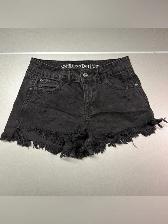 Vanilla Star Women's Black Denim Jean Shorts Size 7 Distressed Cut Off‎