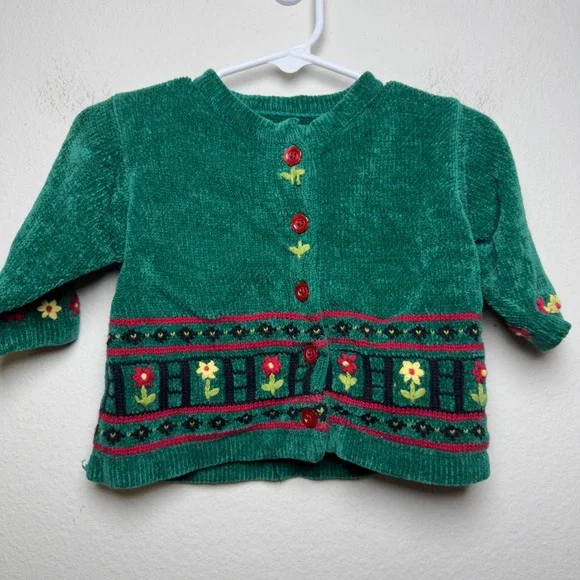 VTG 1998 Gymboree Baby Cotton Cardigan 3-6M Green Floral Embroidered Chenille