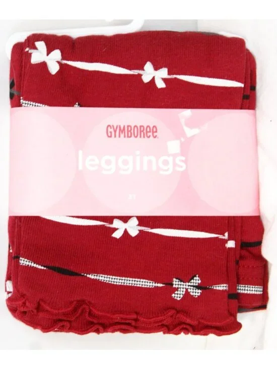 2008 Gymboree Holiday Friends Red Leggings 3T Ribbons Bows Print Lettuce Edge