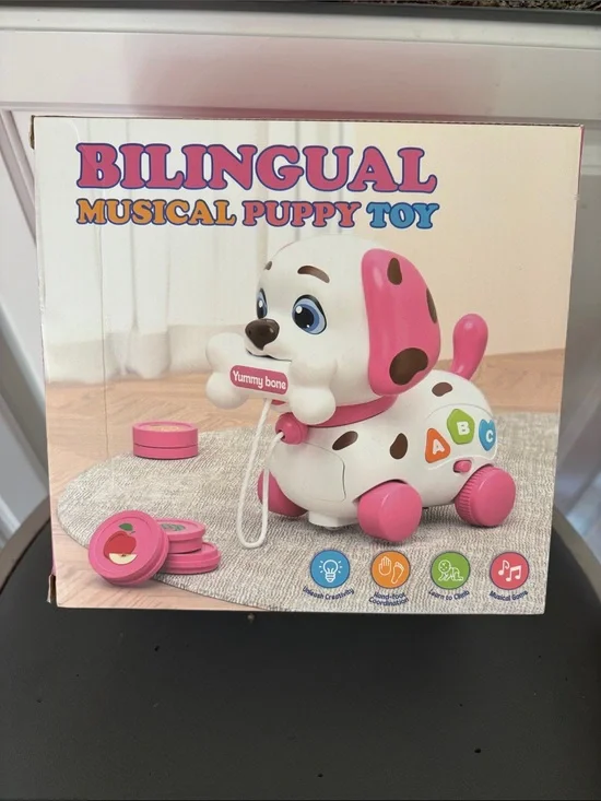 New Bilingual Musical Puppy Toy - Pink and White