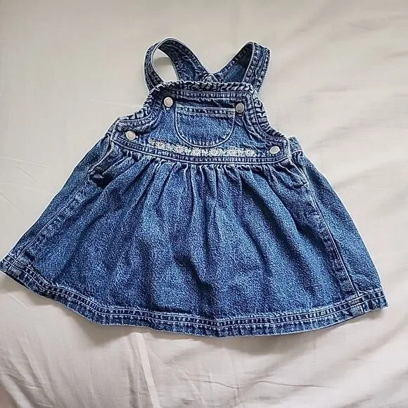 Vintage Gymboree Jean Jumper Dress Size 3-6 Mo Blue Embroidered Denim 90's