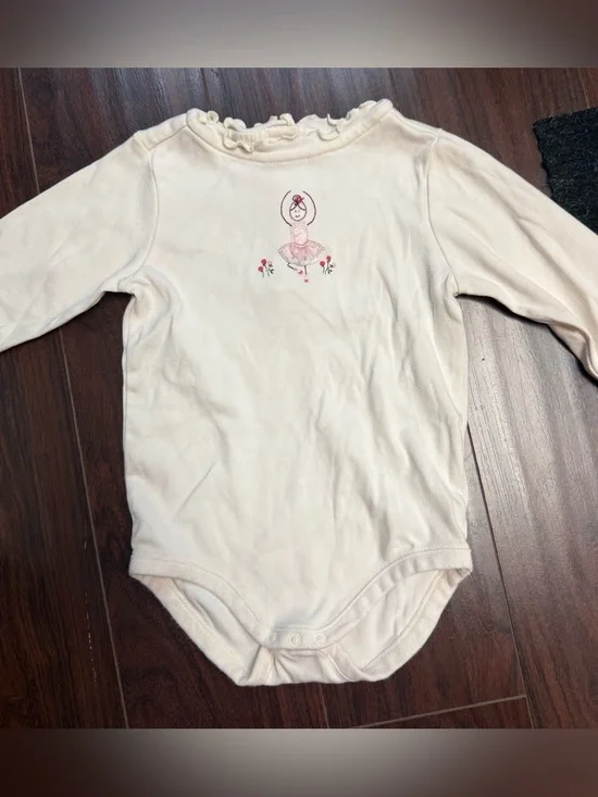 Vintage Gymboree Cream Long-Sleeve Bodysuit with Pink Ballerina Embroidery