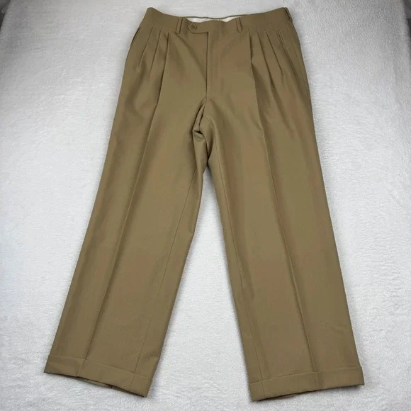 Canali Dress Trousers Mens 34 Tan Pure Wool Triple Pleated Cuffed Made in Italy