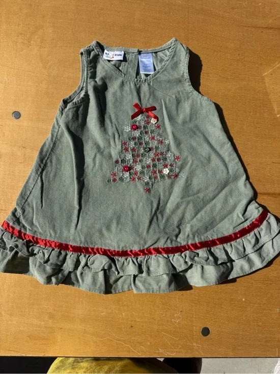 Gymboree Olive Green Holiday Tree Embroidered Dress with Red Accents