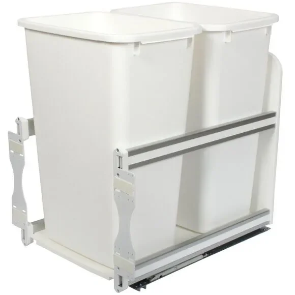 Knape & Vogt USC18-2-50WH In-Cabinet Pull Out Soft Close Double Trash Can Set