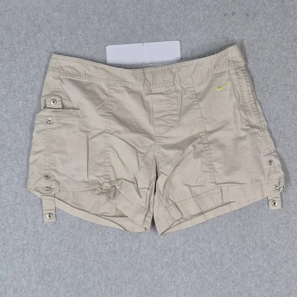 VINTAGE Nike Women Shorts M Beige Embroidered Cargo Mini Swoosh Embroidered