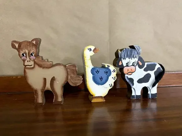 Vintage Handmade Wooden Farm Animal Figurines Set Cow Horse Duck Wood