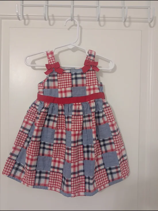 Gymboree Outlet Girls 18-24M Red Blue Patchwork Plaid Bow Dress Patriotic
