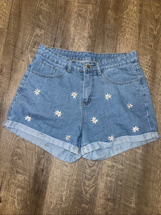 SHEIN Blue Daisy Embroidered Denim Shorts