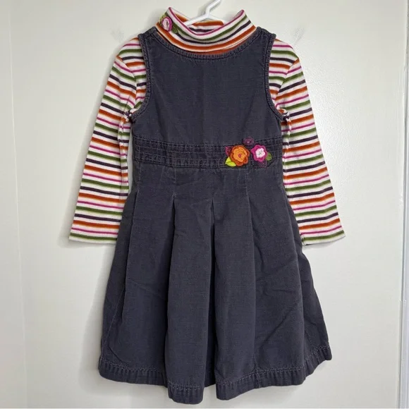 Gymboree Gray Corduroy Jumper Dress W/ Striped Turtleneck Size 4T Cotton Floral