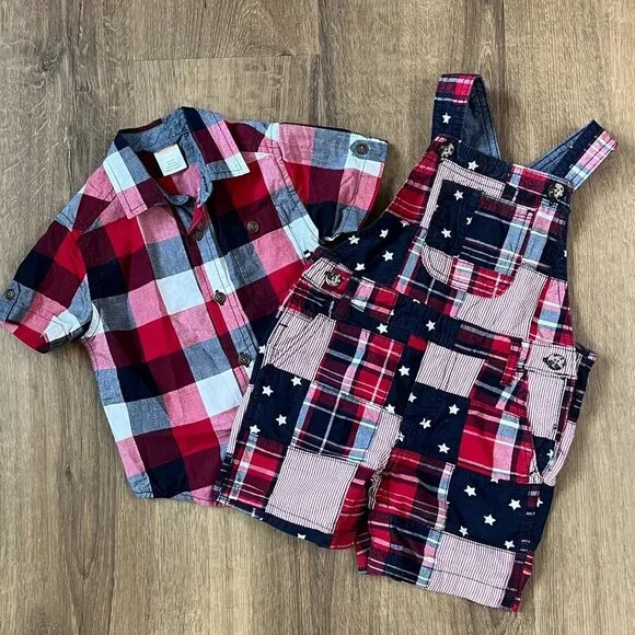 Gymboree Madras Shortalls & Plaid Button Down Shirt American Patriotic Sz 12-18