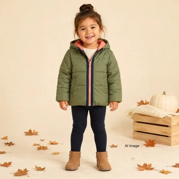 Gymboree Go Outside Puffer Jacket Kids XXS 3 Olive Green Hooded Peach Lining