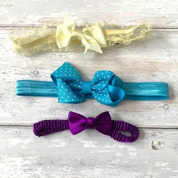 Baby Girl Bows Headbands Bundle Set of 3 Lace Yellow Blue Polka Dots Purple