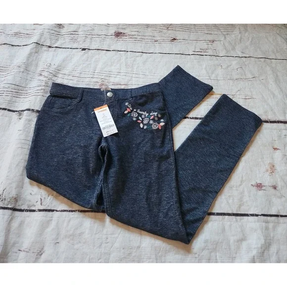 Gymboree Girls Size 12 Navy Blue Knit Denim Pants Floral Embroidery NWT