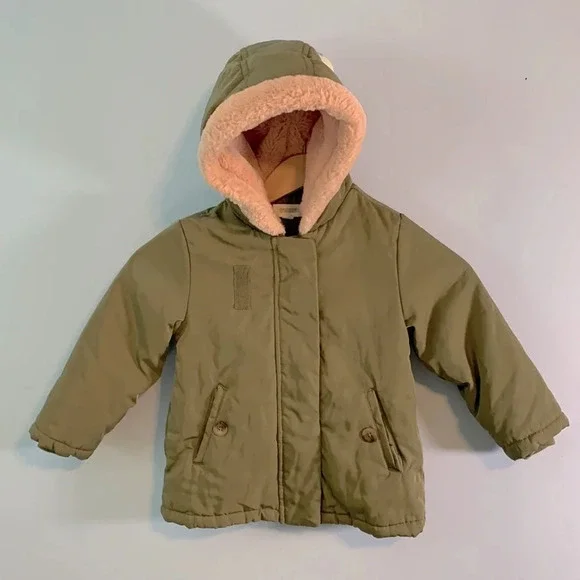 Gymboree size 3t olive military green zip up pink fur hood like new winter parka