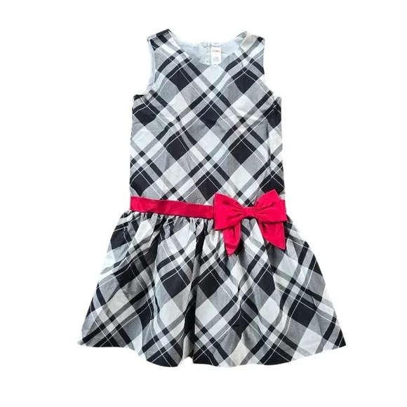 Gymboree Plaid Dress Kids 12 Black White Red Bow Holiday Christmas Preppy Tartan