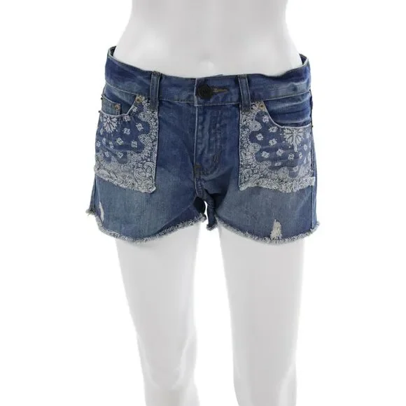 Molly Bracken Unisex Bohemian Paisley Blue Shorts Button Cotton Size XS