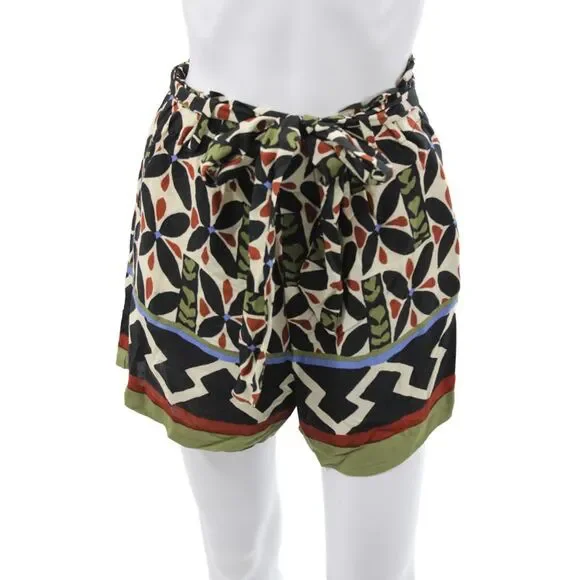 Zara Unisex Black Floral Aztec Drawstring Viscose Shorts Size M