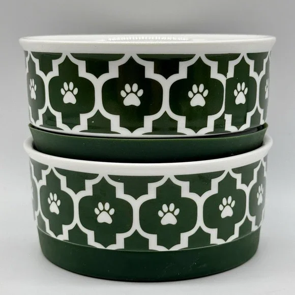 Bone Dry Paw Lattice Print Non-Skid Ceramic Set of 2 Dog Or Cat Bowls 4.25