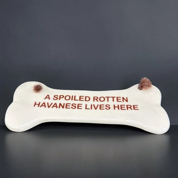 Smoky Mountain Pottery Havanese Dog Bone Wall Plaque Sign Vintage 1994 Tennessee