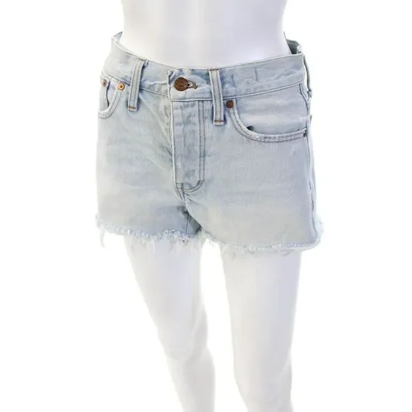 Madewell Unisex Light Blue Solid 100% Cotton Button Shorts Size 23