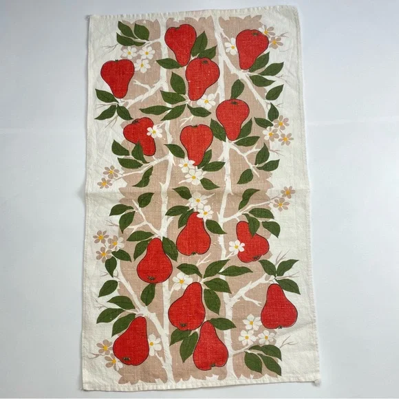 Vintage Tea Towel‎ Pear Print Retro Fruit Branches Produce Kitchen Linens Orange