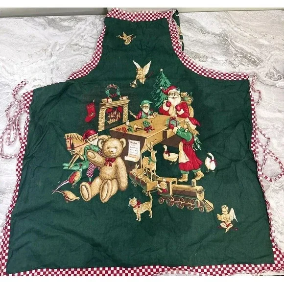 Vtg Christmas‎ Santa And Elves Full APRON COTTON Fabric Tie Red Green Handmade
