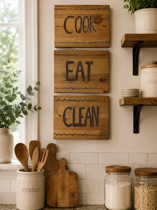 Farmhouse COOK EAT CLEAN Wood Wall Signs Set (3) Rustic Kitchen Decor