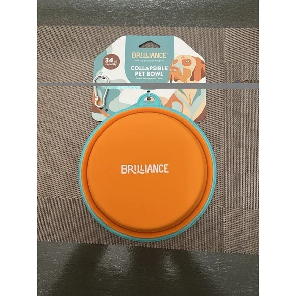 Brilliance Collapsible Pet Bowl 34oz Orange Teal Silicone Travel Dog Food Water