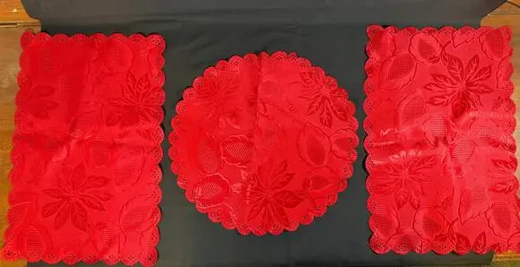 Vintage Red Christmas Silk Table Linens Set of 3 Poinsettia & Holly Placemats