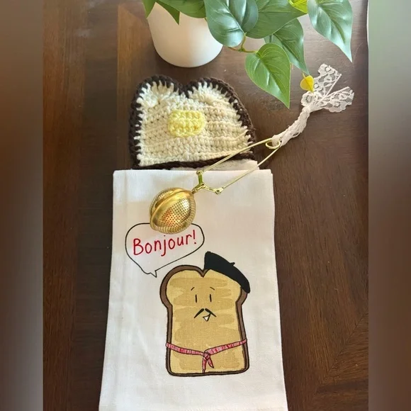 Handmade Crochet Bread & Butter Hanging Kitchen Towel - French Toast 