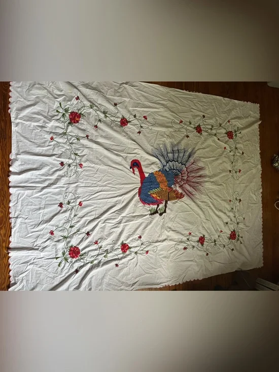 Mid Century Embroidered Turkey Tablecloth Thanksgiving MCM
