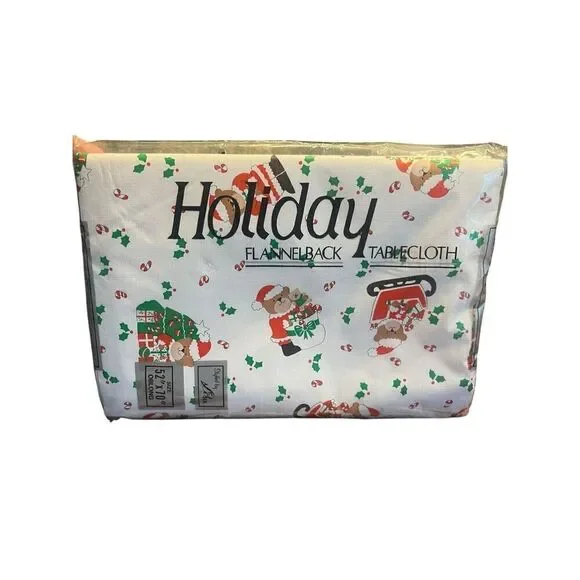 Vintage Christmas Santa Bear Holiday Flannel Back Tablecloth Oblong 52