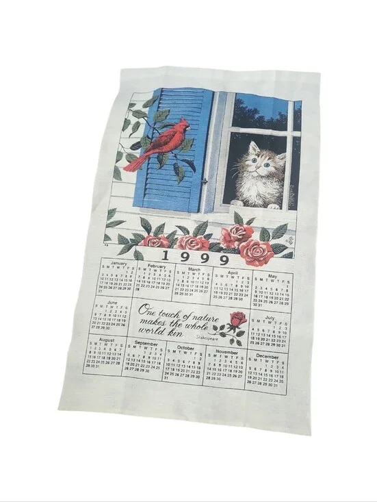 Vintage 1999 Kitty & Red Cardinal Linen Tea Towel Calendar