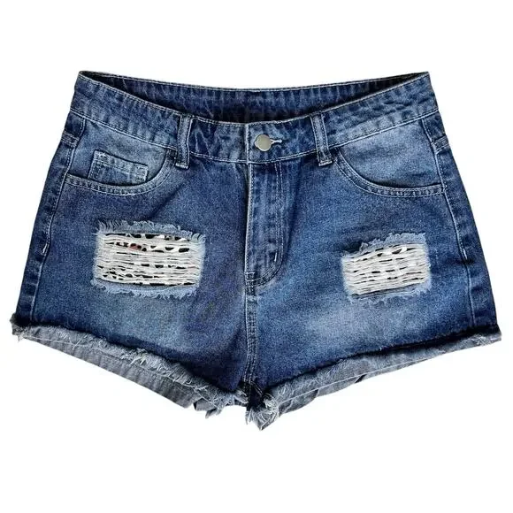 Womens Distressed Edgy‎ Jean Shorts Medium Leopard Pockets Frayed Hem Summer