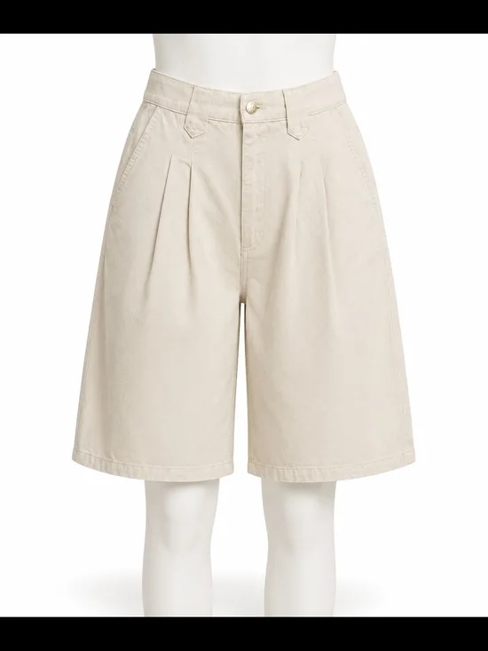 Studio West Light Beige High-Waist Pleated Bermuda Shorts
