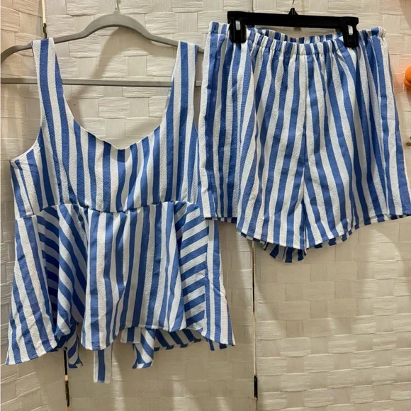 Blue and White Striped Top and Shorts Set